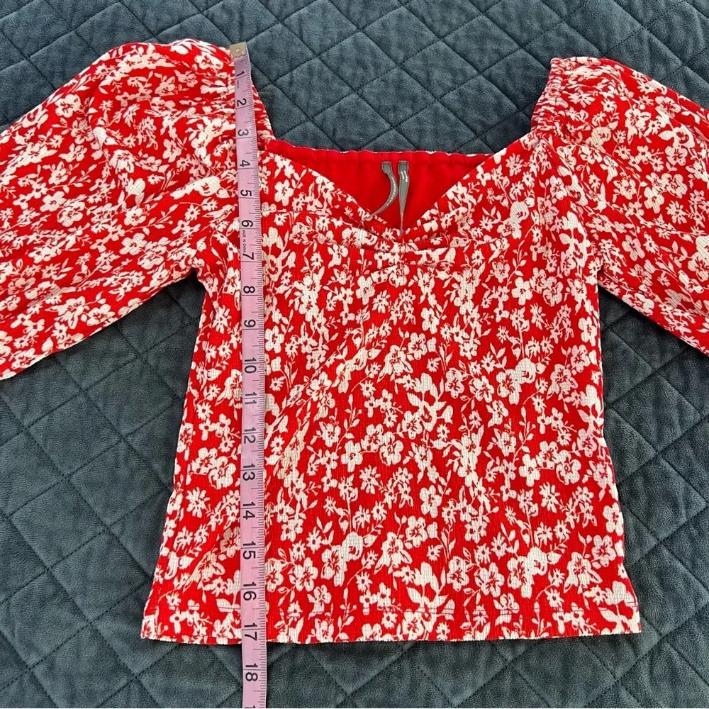 Anthropologie Top Women’s XS Shirt Floral Red Puff Sleeve Blouse B4